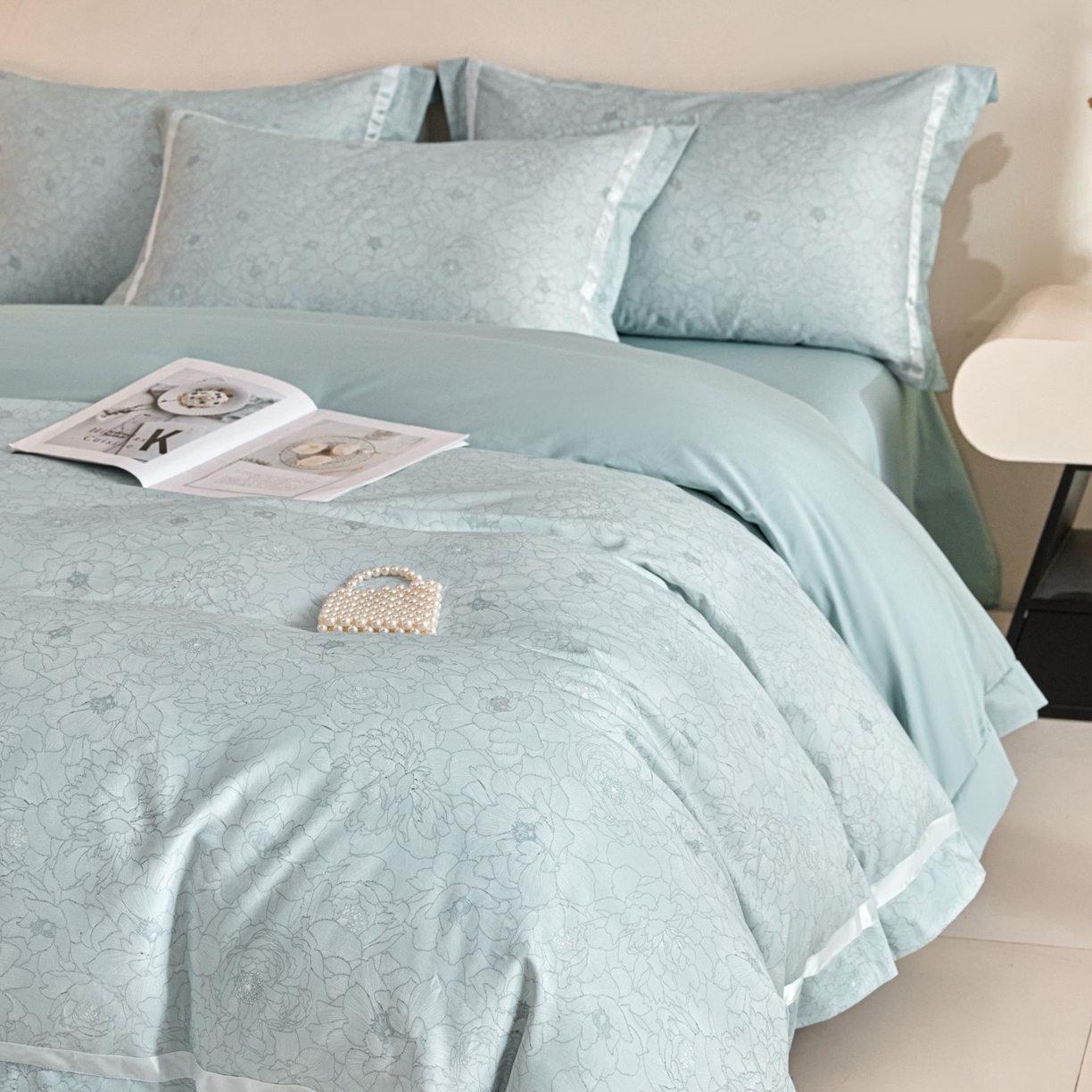 91家纺网 家纺一手货源 找家纺 新方向 【控价 提供买家秀】2026新款数码印花50s双股全棉贡缎长绒棉四件套-约定 约定-星月蓝