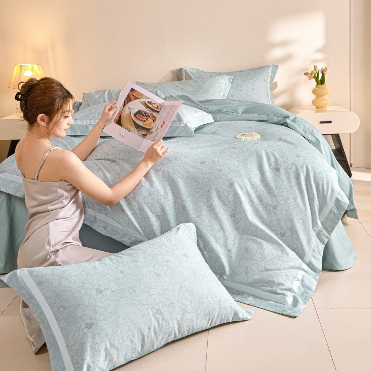 91家纺网 家纺一手货源 找家纺 新方向 【控价 提供买家秀】2026新款数码印花50s双股全棉贡缎长绒棉四件套-约定 约定-星月蓝