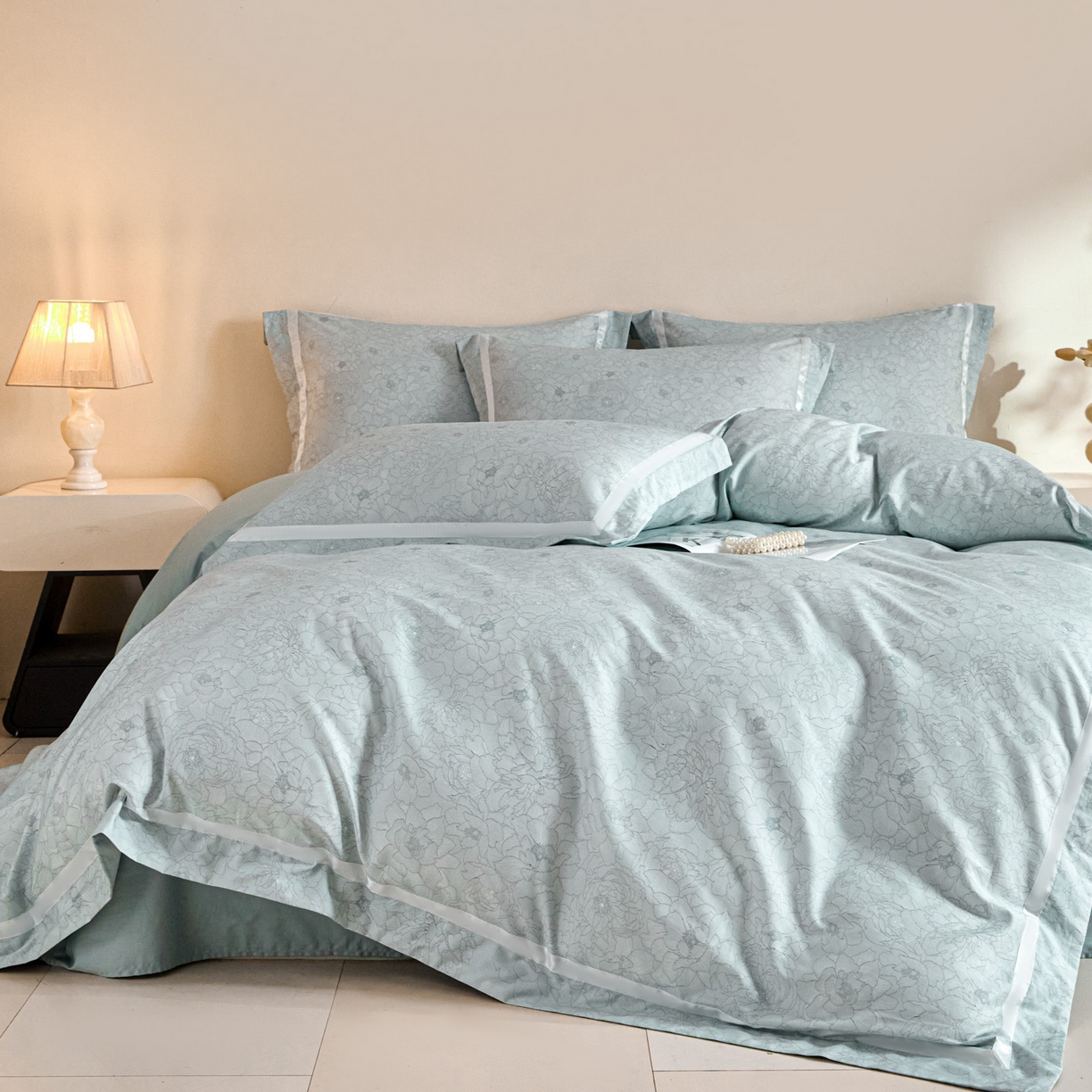 91家纺网 家纺一手货源 找家纺 新方向 【控价 提供买家秀】2026新款数码印花50s双股全棉贡缎长绒棉四件套-约定 约定-星月蓝