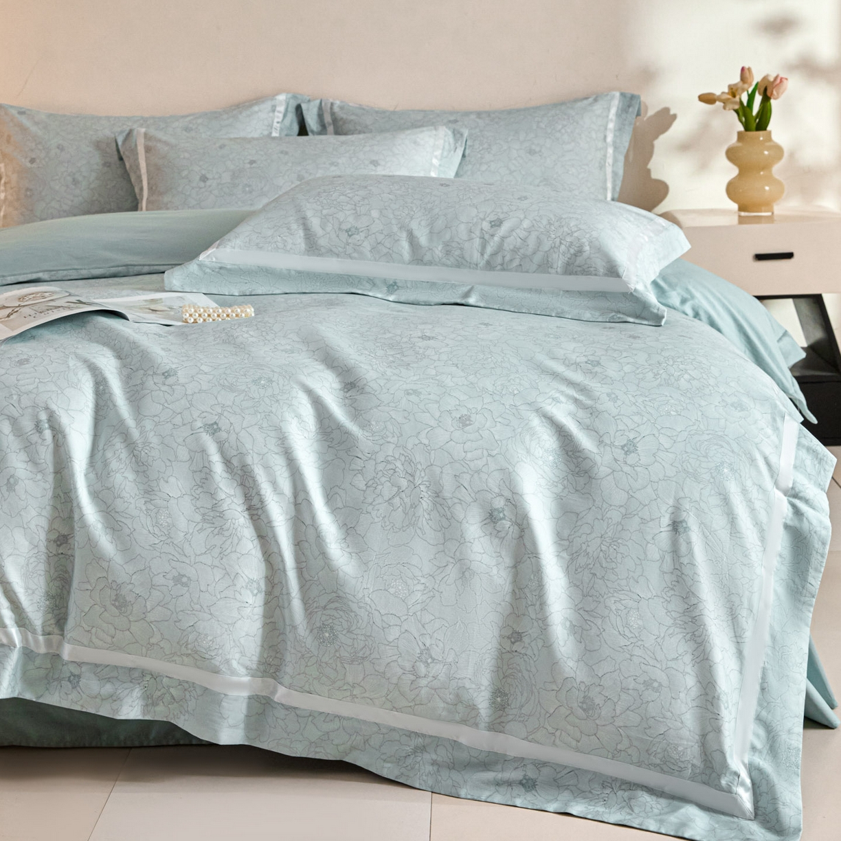 91家纺网 家纺一手货源 找家纺 新方向 【控价 提供买家秀】2026新款数码印花50s双股全棉贡缎长绒棉四件套-约定 约定-星月蓝