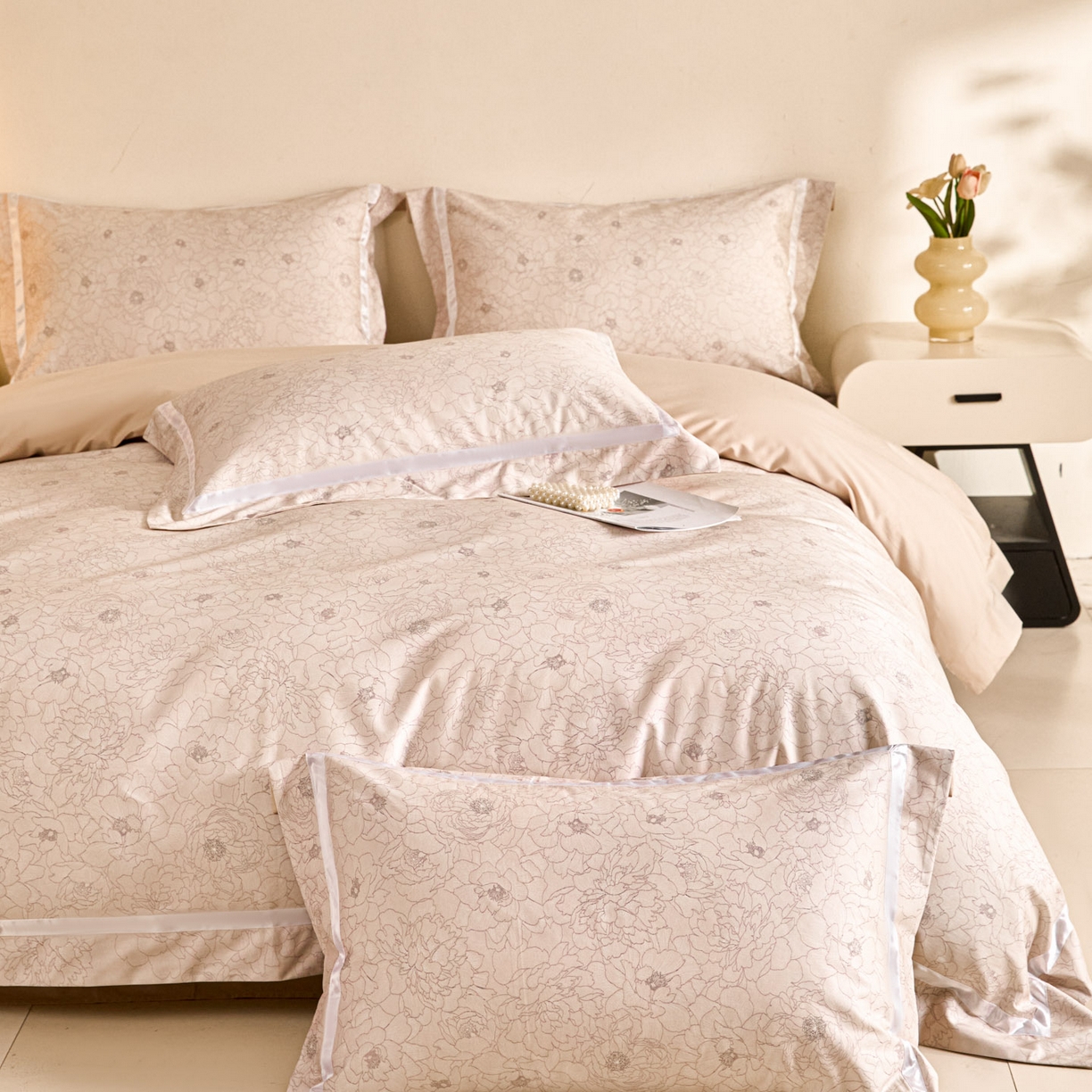 91家纺网 家纺一手货源 找家纺 新方向 【控价 提供买家秀】2026新款数码印花50s双股全棉贡缎长绒棉四件套-约定 约定-香槟