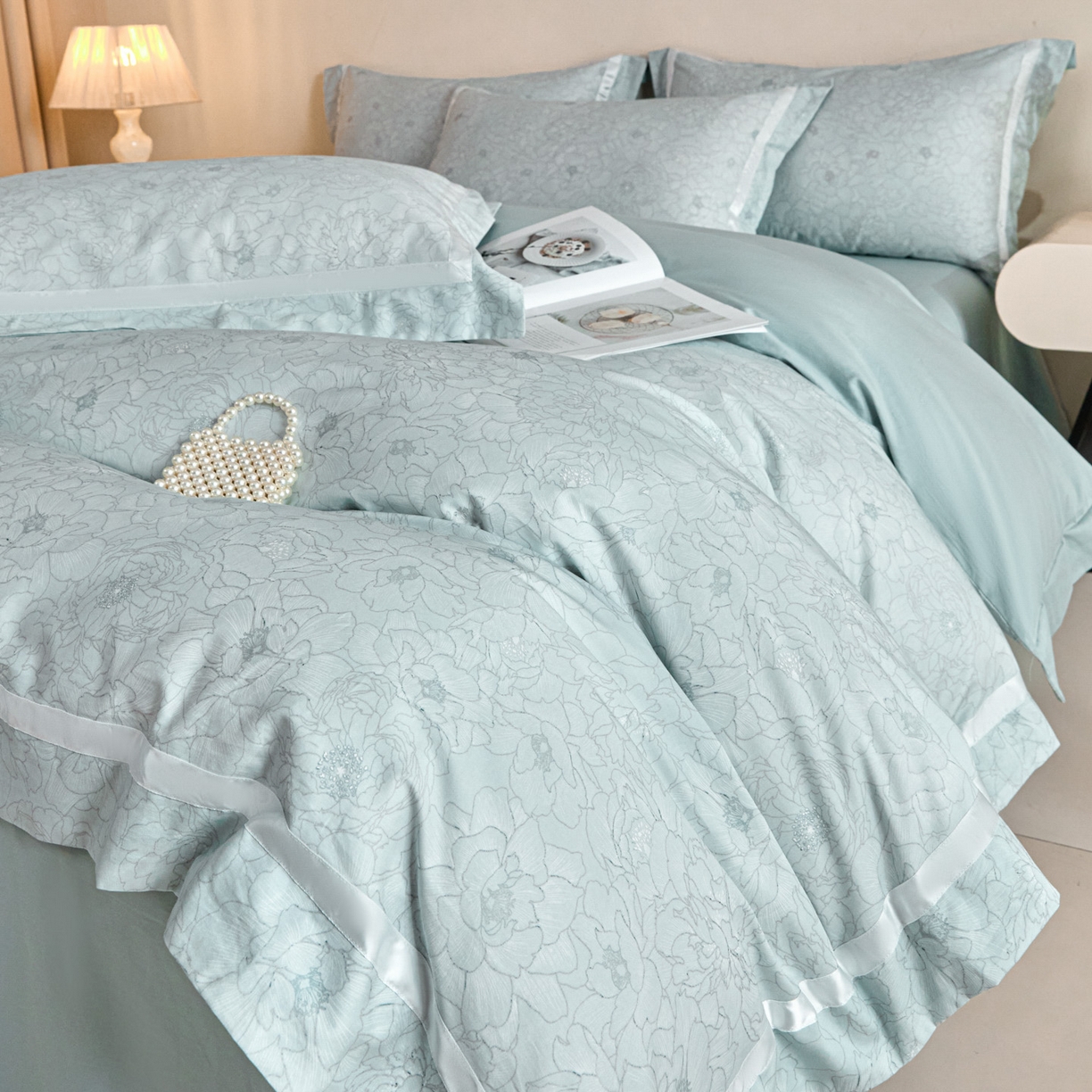 91家纺网 家纺一手货源 找家纺 新方向 【控价 提供买家秀】2026新款数码印花50s双股全棉贡缎长绒棉四件套-约定 约定-星月蓝