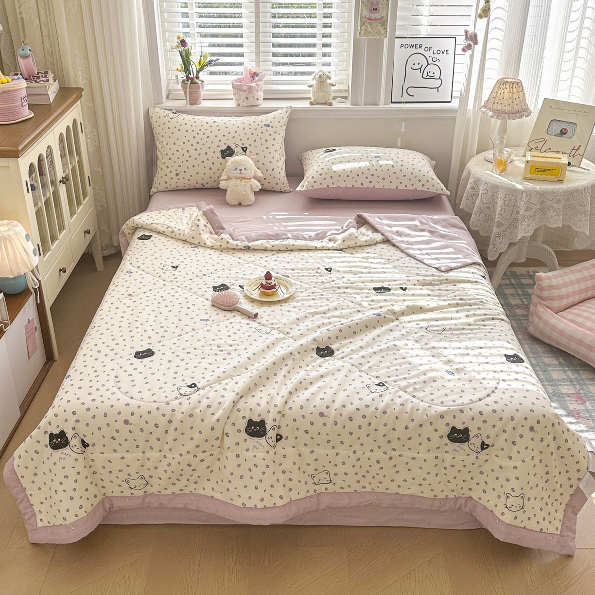 91家纺网 家纺一手货源 找家纺 棉森家纺 2026春夏新款全棉纯棉棉花夏被夏凉被空调被-风格三 粉红顽皮猫