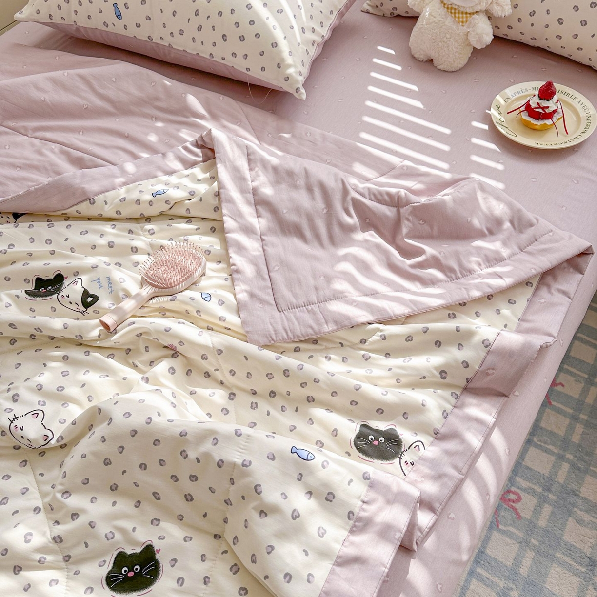 91家纺网 家纺一手货源 找家纺 棉森家纺 2026春夏新款全棉纯棉棉花夏被夏凉被空调被-风格三 粉红顽皮猫