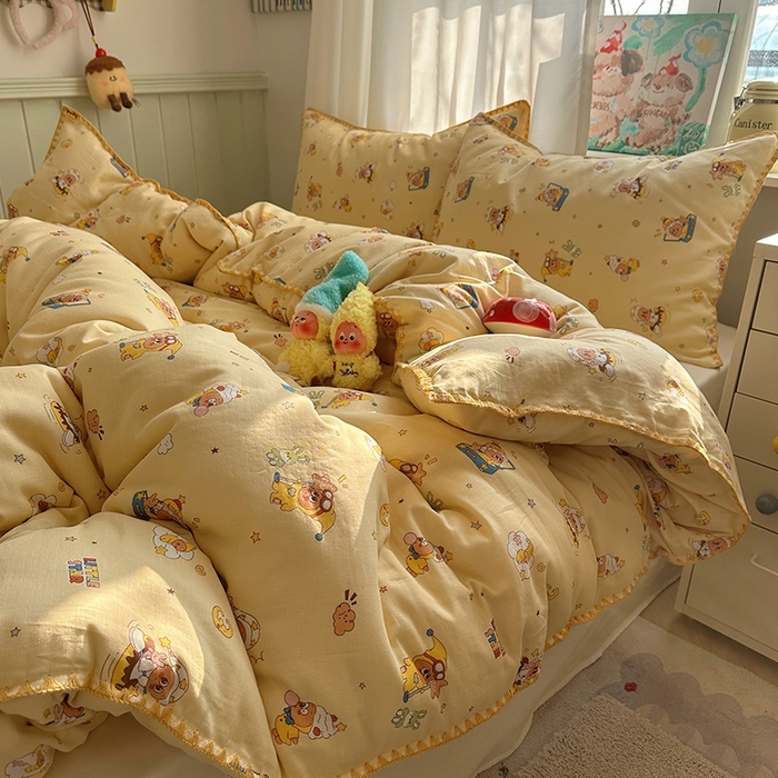 桃子家居 2026新款A类纯棉有氧双层纱高品质贝壳边三角针工艺全棉四件套系列 棉双层纱-布丁星星