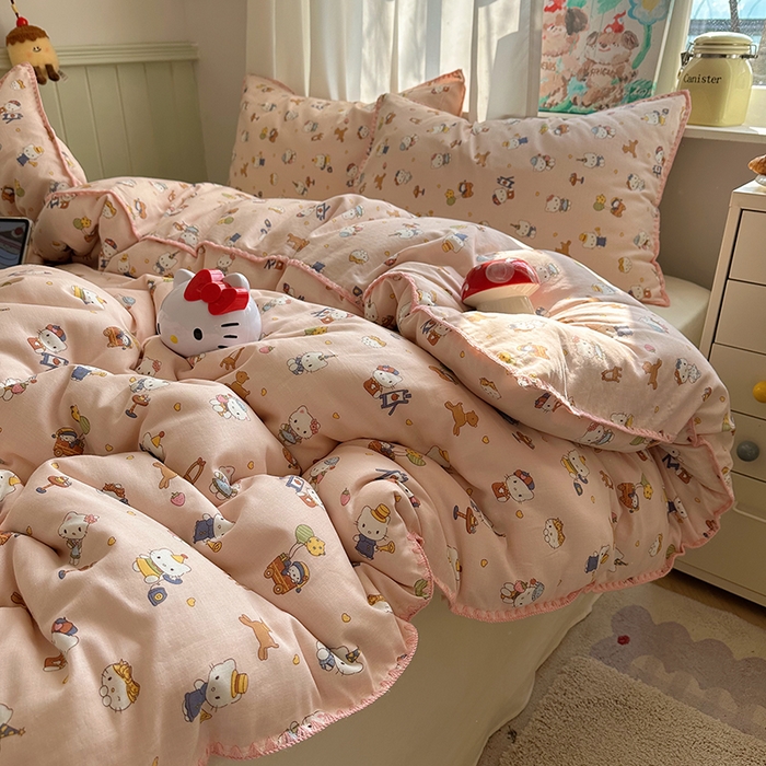 桃子家居 2026新款A类纯棉有氧双层纱高品质贝壳边三角针工艺全棉四件套系列 棉双层纱-甜莓猫咪