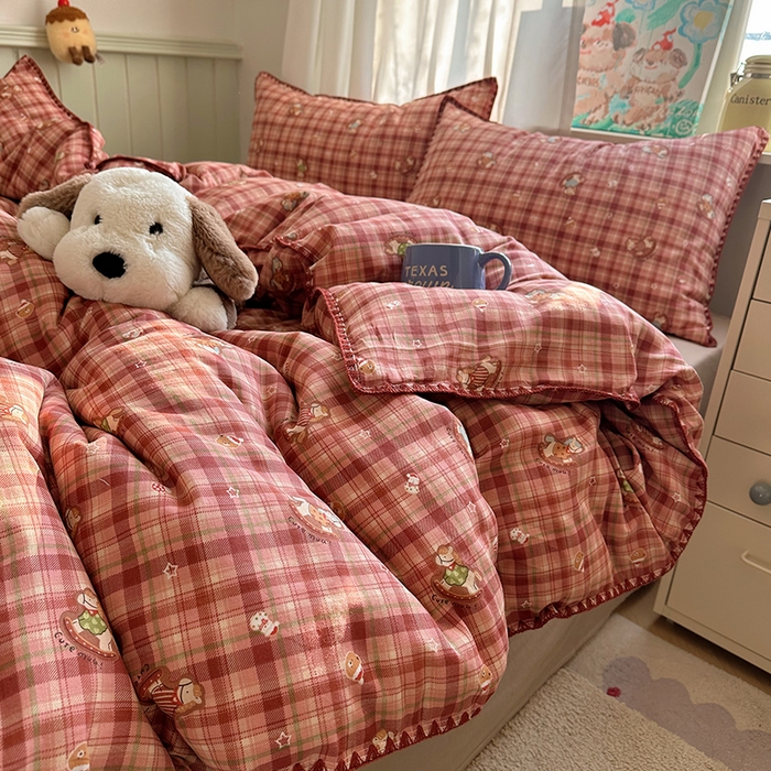 桃子家居 2026新款A类纯棉有氧双层纱高品质贝壳边三角针工艺全棉四件套系列 棉双层纱-暖格木马