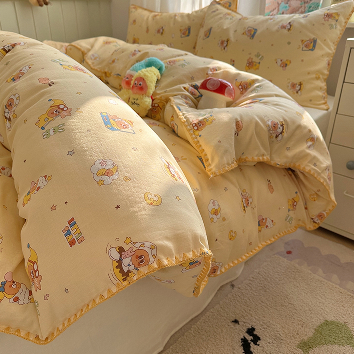 91家纺网 家纺一手货源 找家纺 桃子家居 2026新款A类纯棉有氧双层纱高品质贝壳边三角针工艺全棉四件套系列 棉双层纱-布丁星星