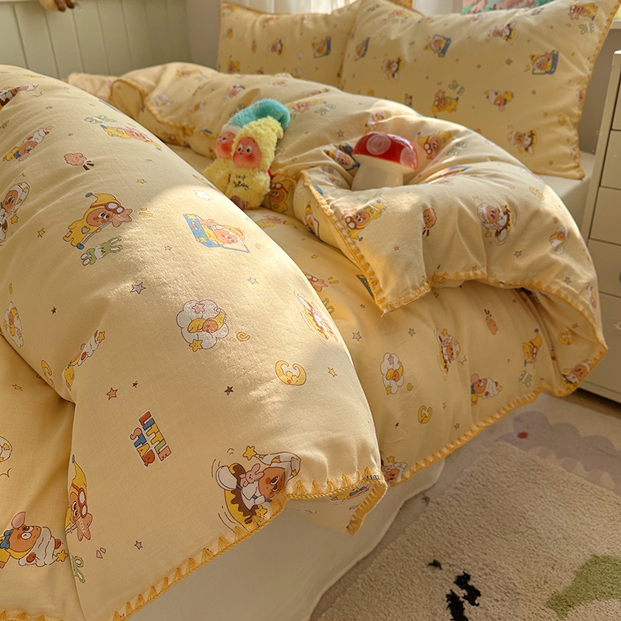 91家纺网 家纺一手货源 找家纺 桃子家居 2026新款A类纯棉有氧双层纱高品质贝壳边三角针工艺全棉四件套系列 棉双层纱-布丁星星