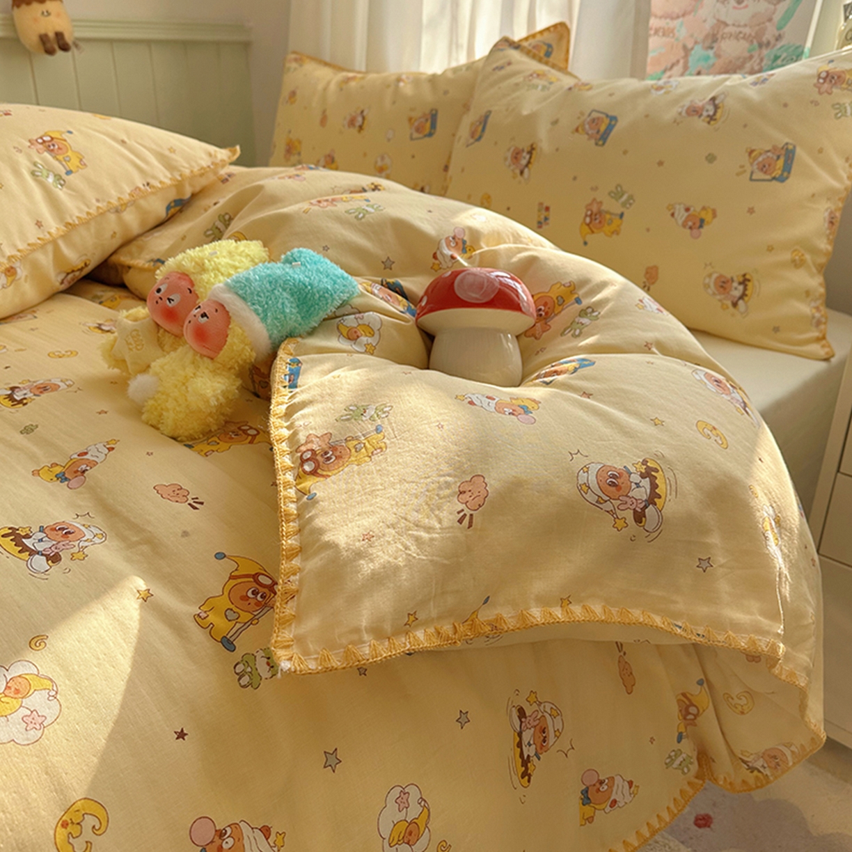 91家纺网 家纺一手货源 找家纺 桃子家居 2026新款A类纯棉有氧双层纱高品质贝壳边三角针工艺全棉四件套系列 棉双层纱-布丁星星