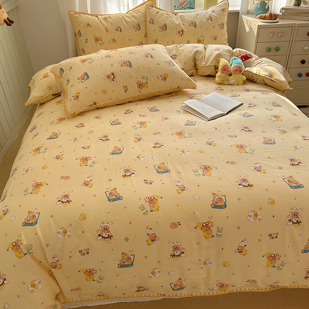 91家纺网 家纺一手货源 找家纺 桃子家居 2026新款A类纯棉有氧双层纱高品质贝壳边三角针工艺全棉四件套系列 棉双层纱-布丁星星