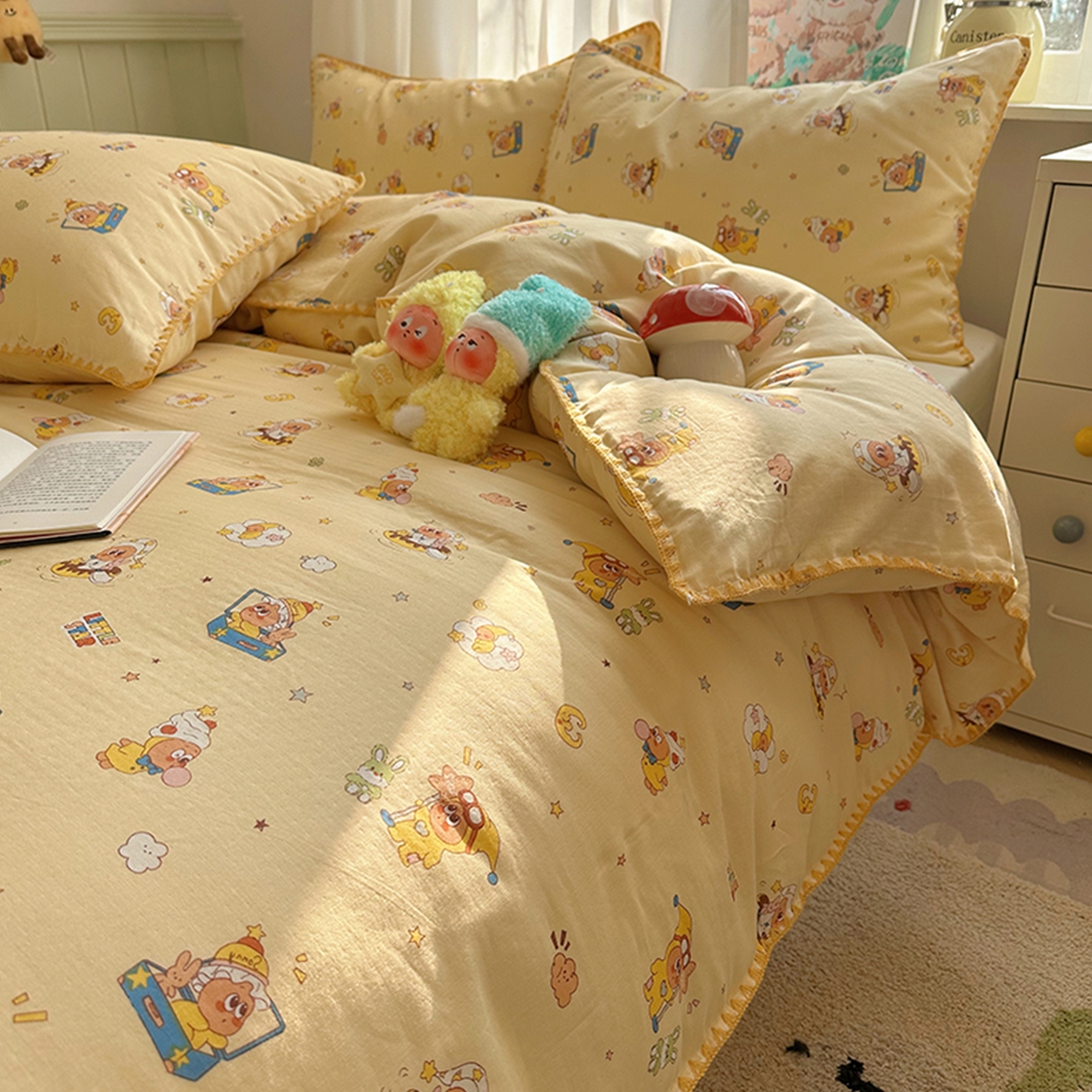 91家纺网 家纺一手货源 找家纺 桃子家居 2026新款A类纯棉有氧双层纱高品质贝壳边三角针工艺全棉四件套系列 棉双层纱-布丁星星