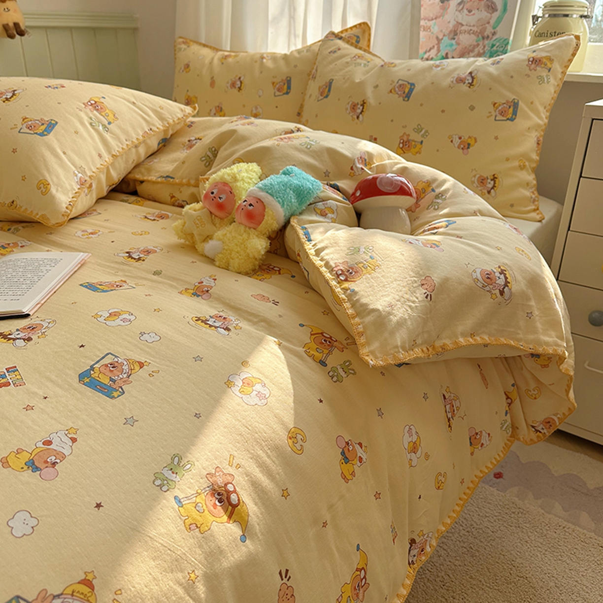 91家纺网 家纺一手货源 找家纺 桃子家居 2026新款A类纯棉有氧双层纱高品质贝壳边三角针工艺全棉四件套系列 棉双层纱-布丁星星