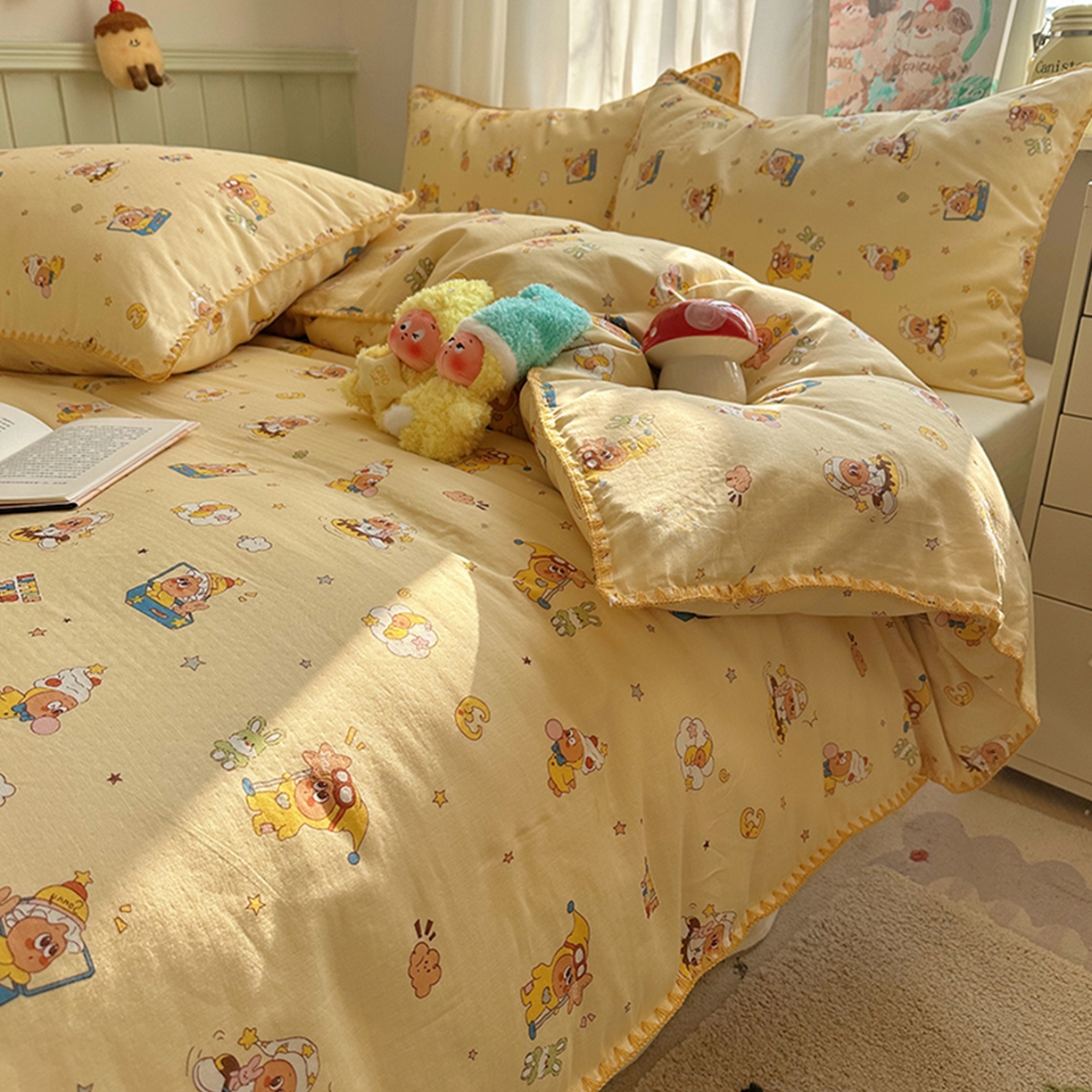 91家纺网 家纺一手货源 找家纺 桃子家居 2026新款A类纯棉有氧双层纱高品质贝壳边三角针工艺全棉四件套系列 棉双层纱-布丁星星