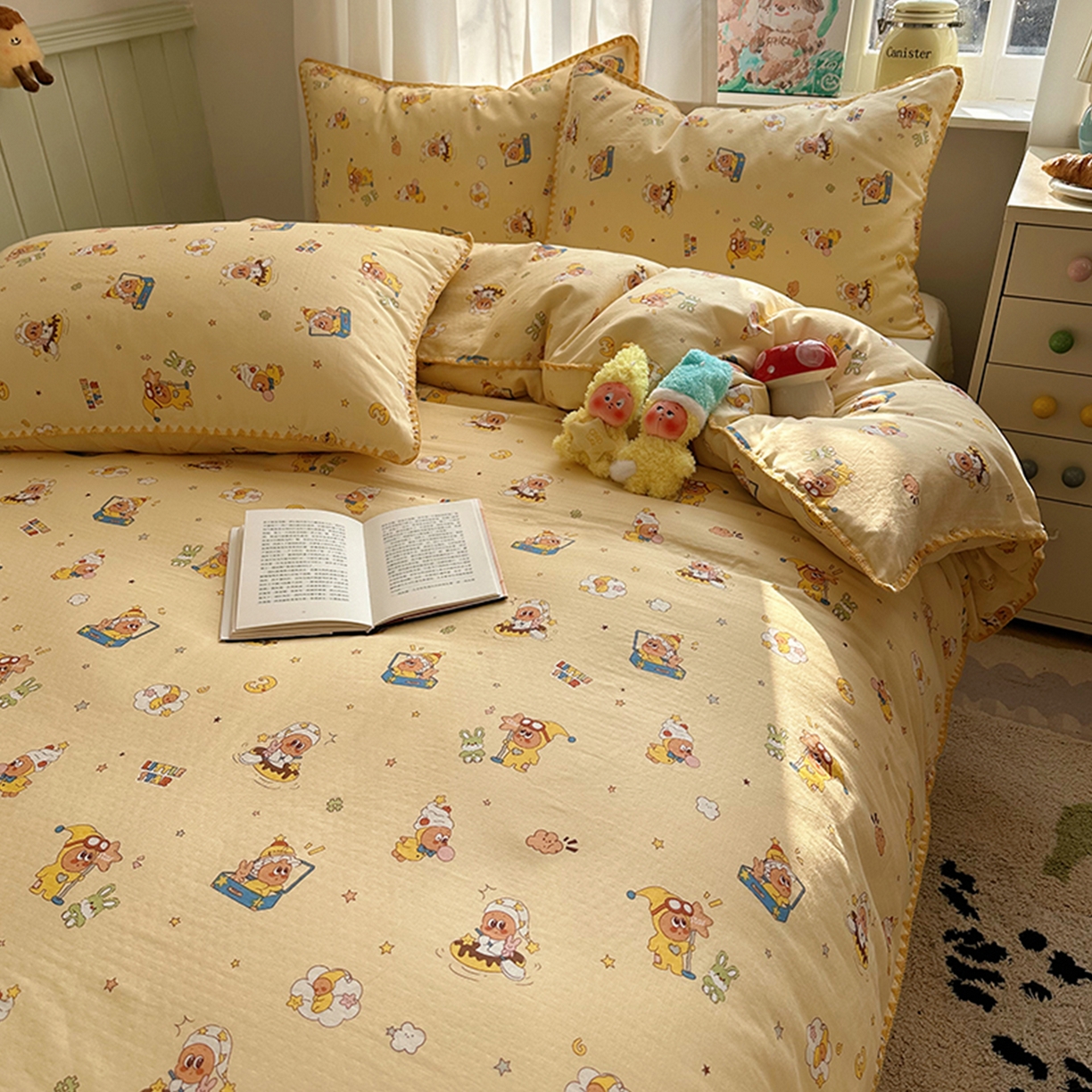 91家纺网 家纺一手货源 找家纺 桃子家居 2026新款A类纯棉有氧双层纱高品质贝壳边三角针工艺全棉四件套系列 棉双层纱-布丁星星