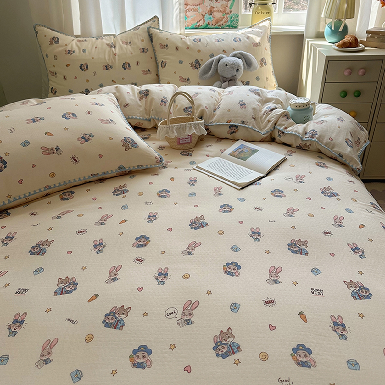 91家纺网 家纺一手货源 找家纺 桃子家居 2026新款A类纯棉有氧双层纱高品质贝壳边三角针工艺全棉四件套系列 棉双层纱-元气小兔