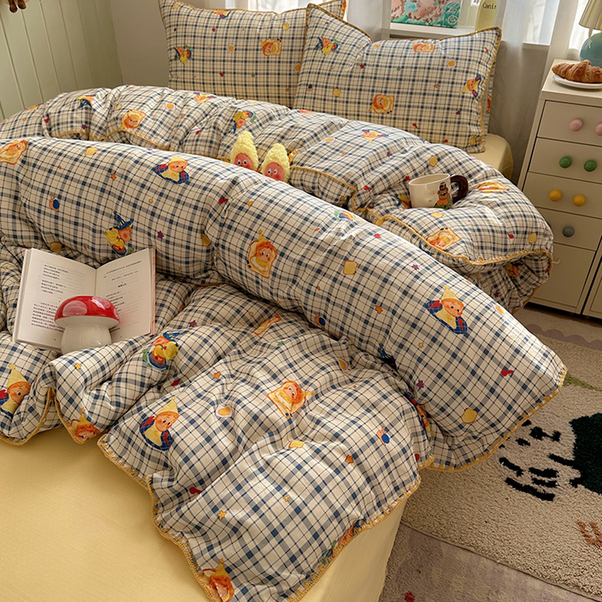 91家纺网 家纺一手货源 找家纺 桃子家居 2026新款A类纯棉有氧双层纱高品质贝壳边三角针工艺全棉四件套系列 棉双层纱-蓝格星星