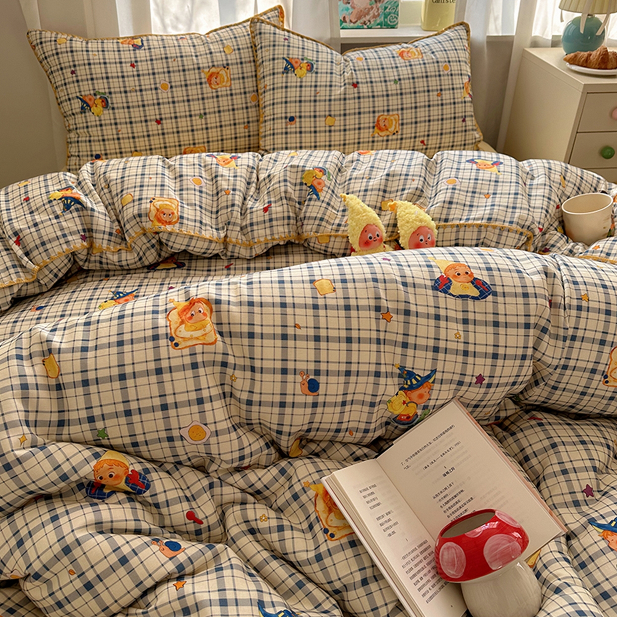 91家纺网 家纺一手货源 找家纺 桃子家居 2026新款A类纯棉有氧双层纱高品质贝壳边三角针工艺全棉四件套系列 棉双层纱-蓝格星星