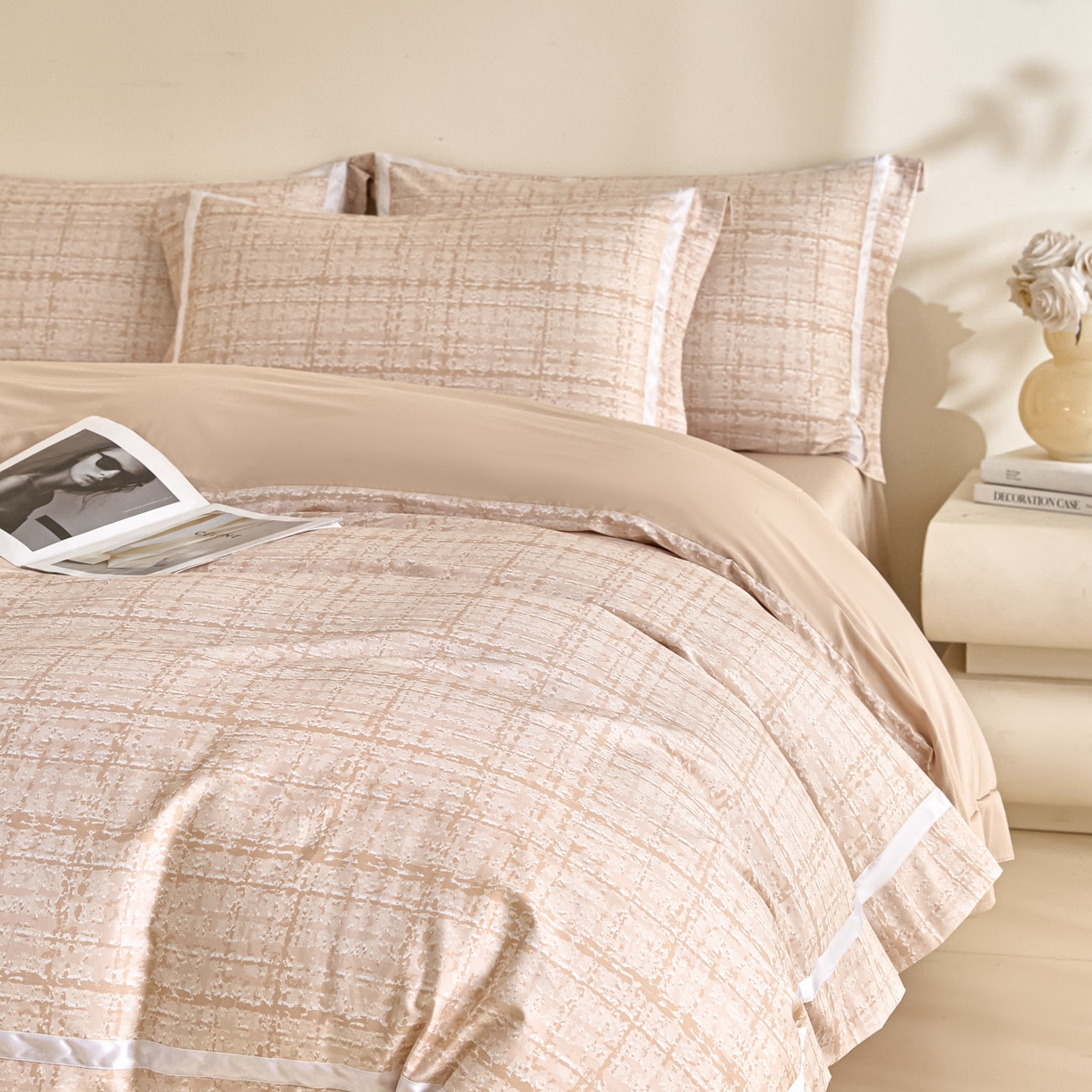 91家纺网 家纺一手货源 找家纺 新方向 【控价 提供买家秀】2026新款数码印花50s双股全棉贡缎长绒棉四件套-怦然心动 怦然心动-香槟