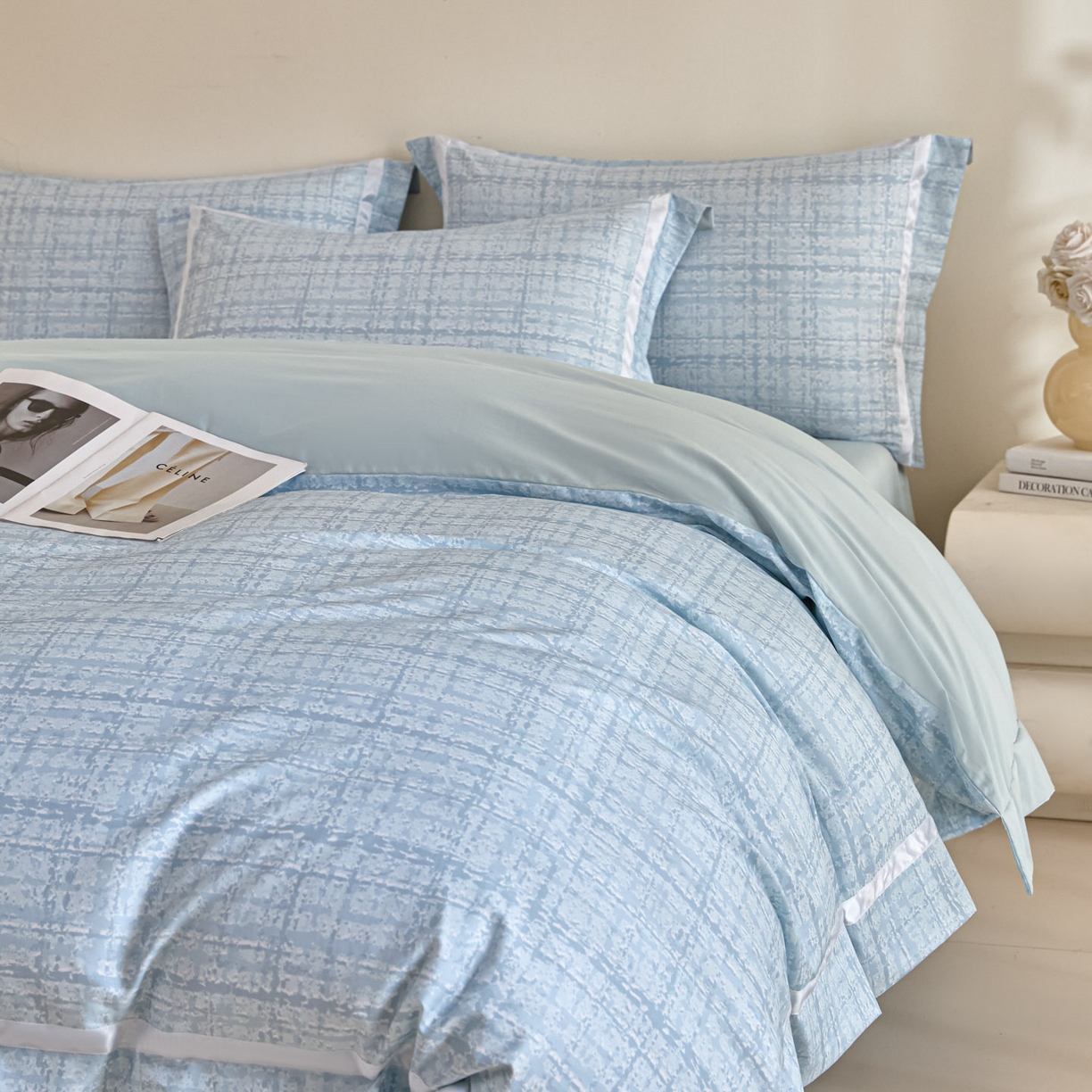 91家纺网 家纺一手货源 找家纺 新方向 【控价 提供买家秀】2026新款数码印花50s双股全棉贡缎长绒棉四件套-怦然心动 怦然心动-星月蓝