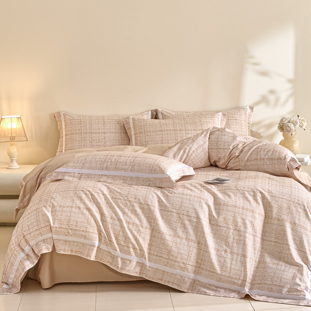 91家纺网 家纺一手货源 找家纺 新方向 【控价 提供买家秀】2026新款数码印花50s双股全棉贡缎长绒棉四件套-怦然心动 怦然心动-香槟