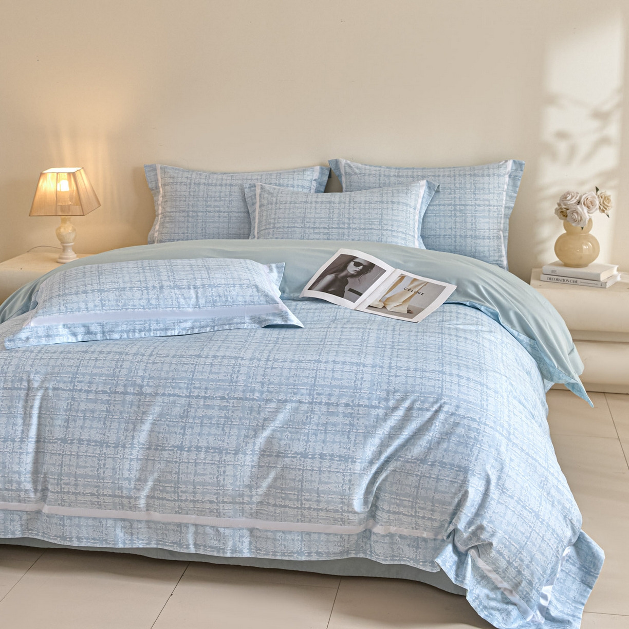 91家纺网 家纺一手货源 找家纺 新方向 【控价 提供买家秀】2026新款数码印花50s双股全棉贡缎长绒棉四件套-怦然心动 怦然心动-星月蓝