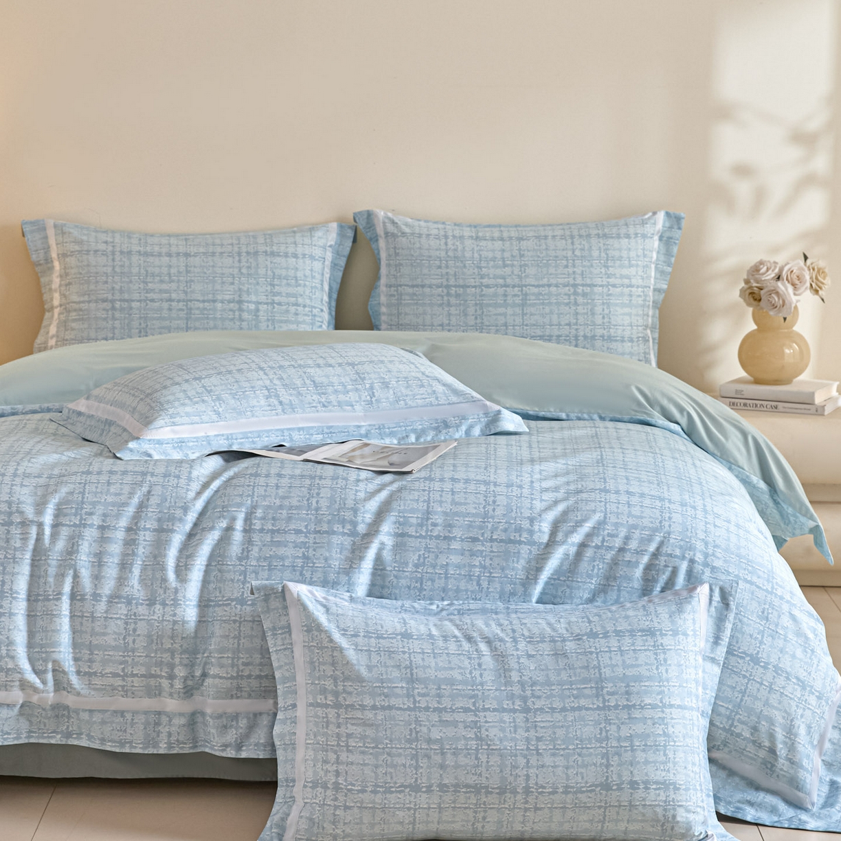 91家纺网 家纺一手货源 找家纺 新方向 【控价 提供买家秀】2026新款数码印花50s双股全棉贡缎长绒棉四件套-怦然心动 怦然心动-星月蓝