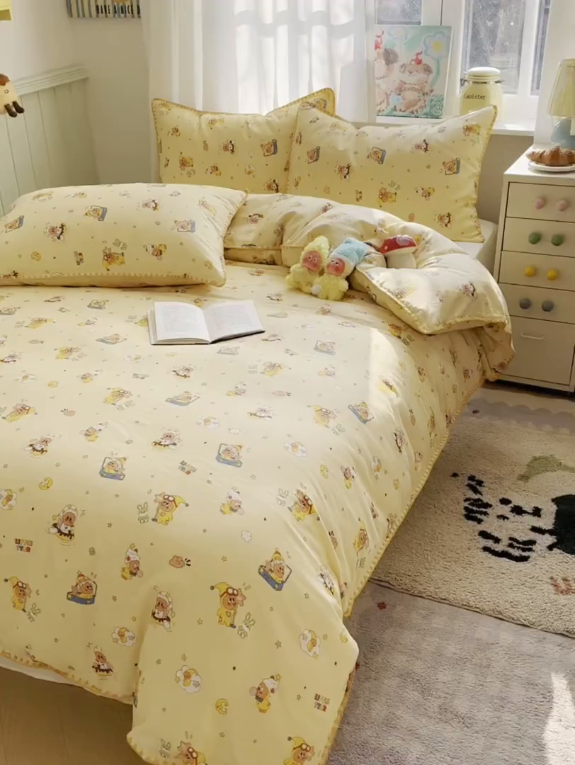 91家纺网 家纺一手货源 找家纺 桃子家居 2026新款A类纯棉有氧双层纱高品质贝壳边三角针工艺全棉四件套系列 棉双层纱-布丁星星