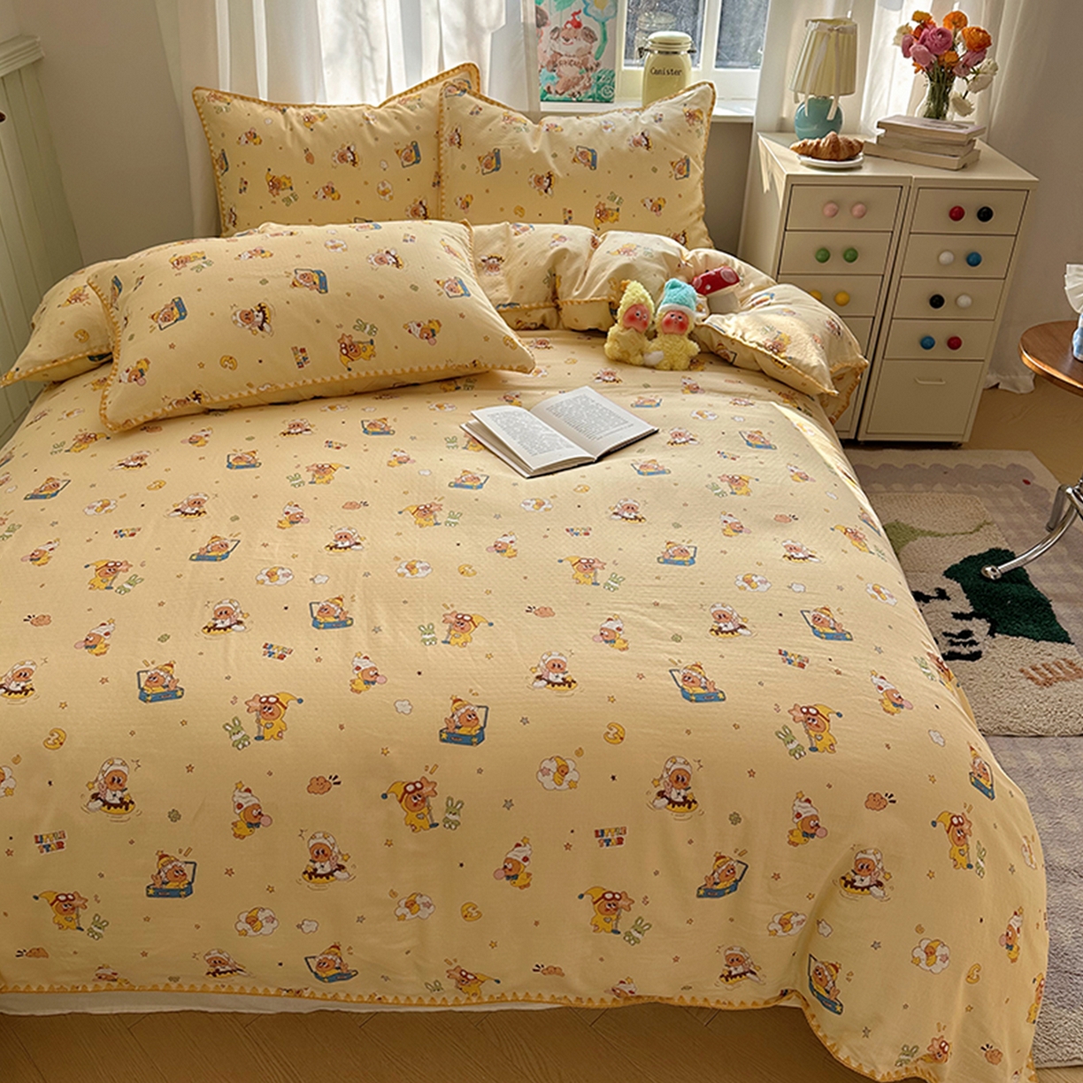 91家纺网 家纺一手货源 找家纺 桃子家居 2026新款A类纯棉有氧双层纱高品质贝壳边三角针工艺全棉四件套系列 棉双层纱-布丁星星