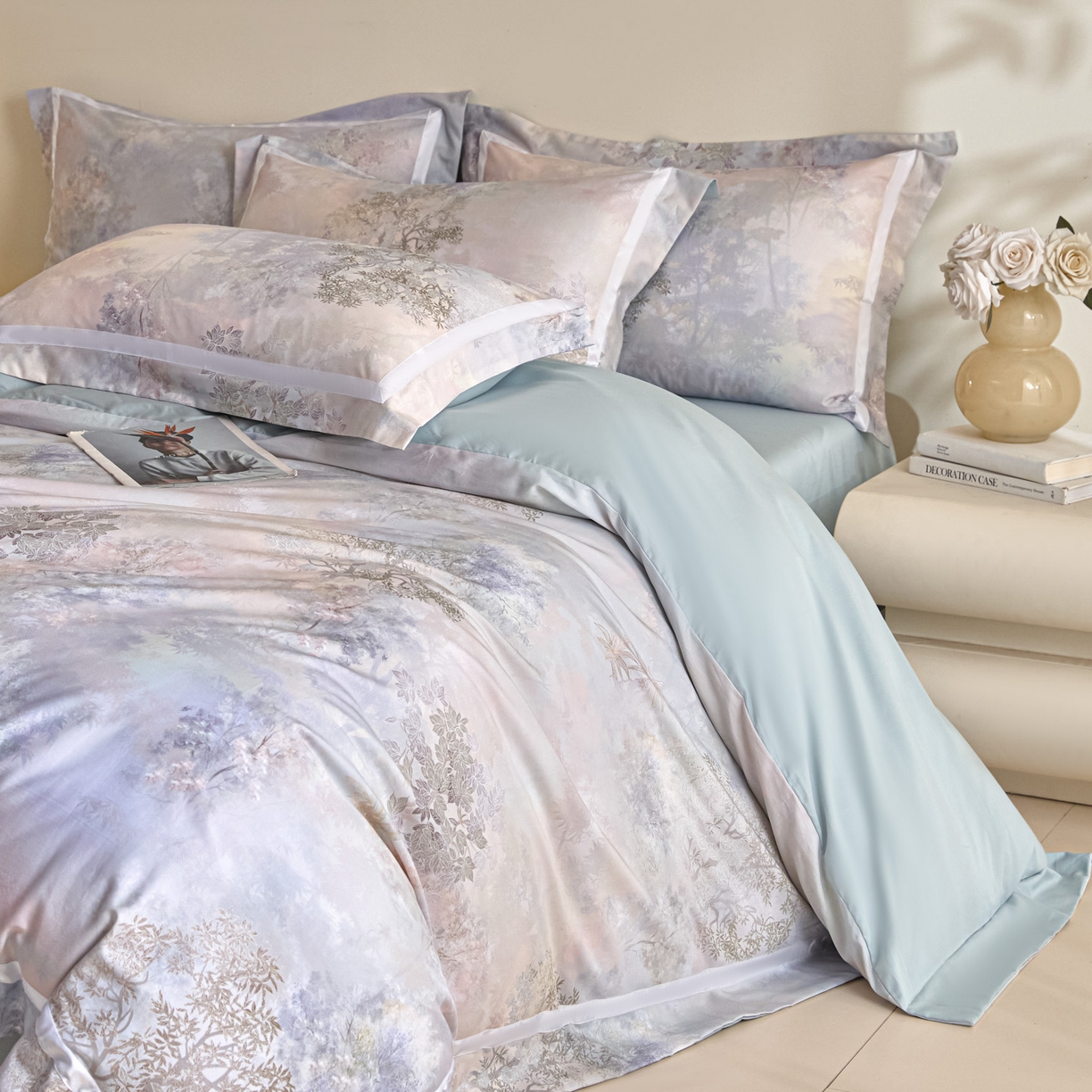 91家纺网 家纺一手货源 找家纺 新方向 【控价 提供买家秀】2026新款数码印花50s双股全棉贡缎长绒棉四件套-盛世（控价 标准328元 加大348元） 盛世-星月蓝