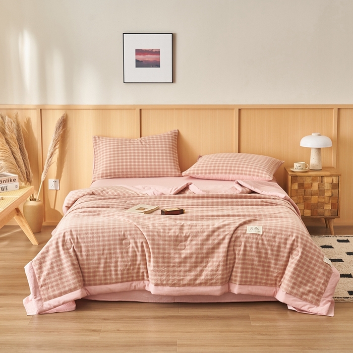 91家纺网 家纺一手货源 找家纺 简如 2026新款全棉纯棉色织水洗棉棉花空调被夏凉被 浣花-粉