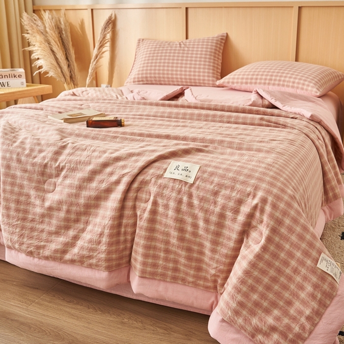 91家纺网 家纺一手货源 找家纺 简如 2026新款全棉纯棉色织水洗棉棉花空调被夏凉被 浣花-粉