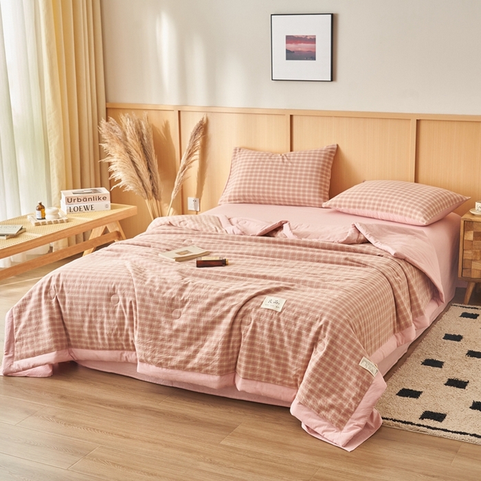 91家纺网 家纺一手货源 找家纺 简如 2026新款全棉纯棉色织水洗棉棉花空调被夏凉被 浣花-粉