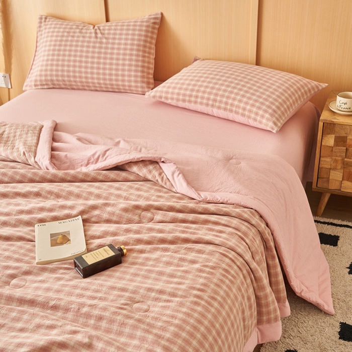 91家纺网 家纺一手货源 找家纺 简如 2026新款全棉纯棉色织水洗棉棉花空调被夏凉被 浣花-粉