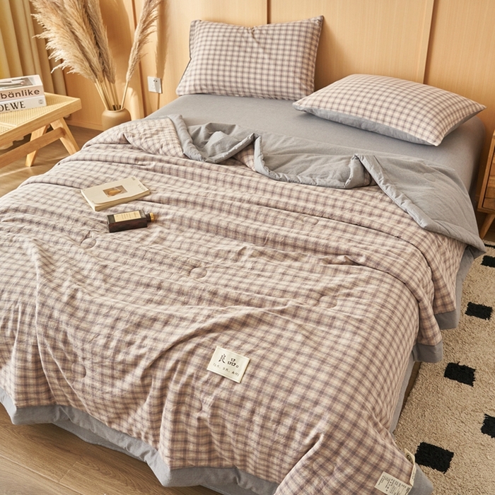 91家纺网 家纺一手货源 找家纺 简如 2026新款全棉纯棉色织水洗棉棉花空调被夏凉被 浣花-灰