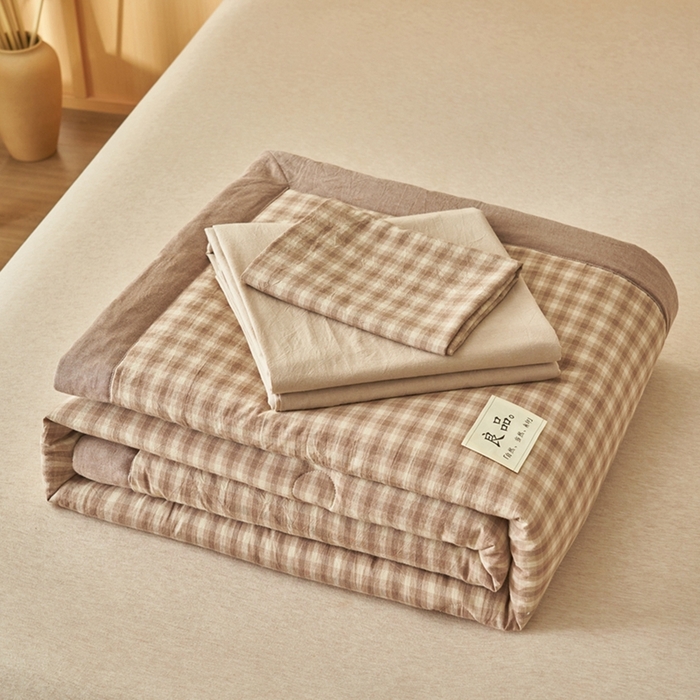 91家纺网 家纺一手货源 找家纺 简如 2026新款全棉纯棉色织水洗棉棉花空调被夏凉被 浣花-咖