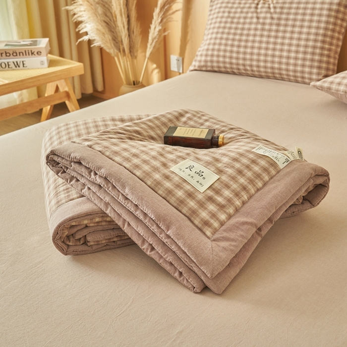 91家纺网 家纺一手货源 找家纺 简如 2026新款全棉纯棉色织水洗棉棉花空调被夏凉被 浣花-咖