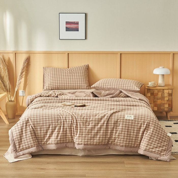 91家纺网 家纺一手货源 找家纺 简如 2026新款全棉纯棉色织水洗棉棉花空调被夏凉被 浣花-咖