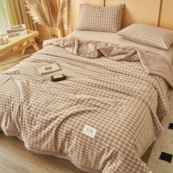 91家纺网 家纺一手货源 找家纺 简如 2026新款全棉纯棉色织水洗棉棉花空调被夏凉被 浣花-咖