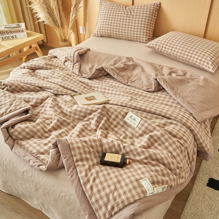 91家纺网 家纺一手货源 找家纺 简如 2026新款全棉纯棉色织水洗棉棉花空调被夏凉被 浣花-咖