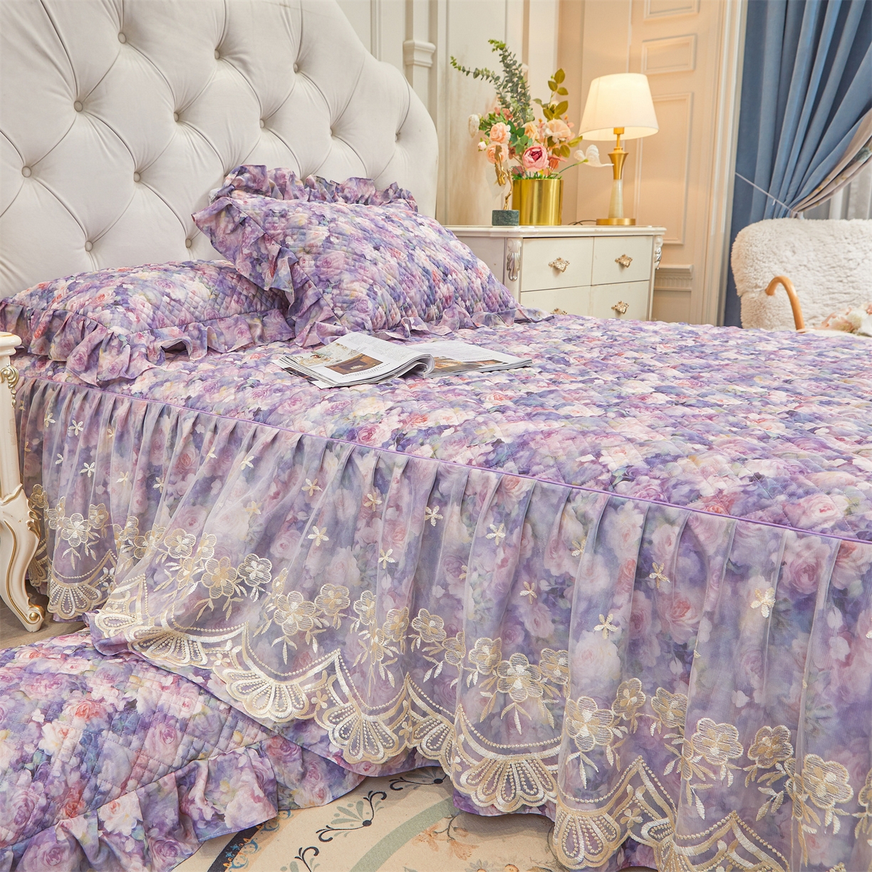 91家纺网 家纺一手货源 找家纺 （总）宜凡家纺 2026新款莱赛尔印花夹棉单床裙床裙三件套