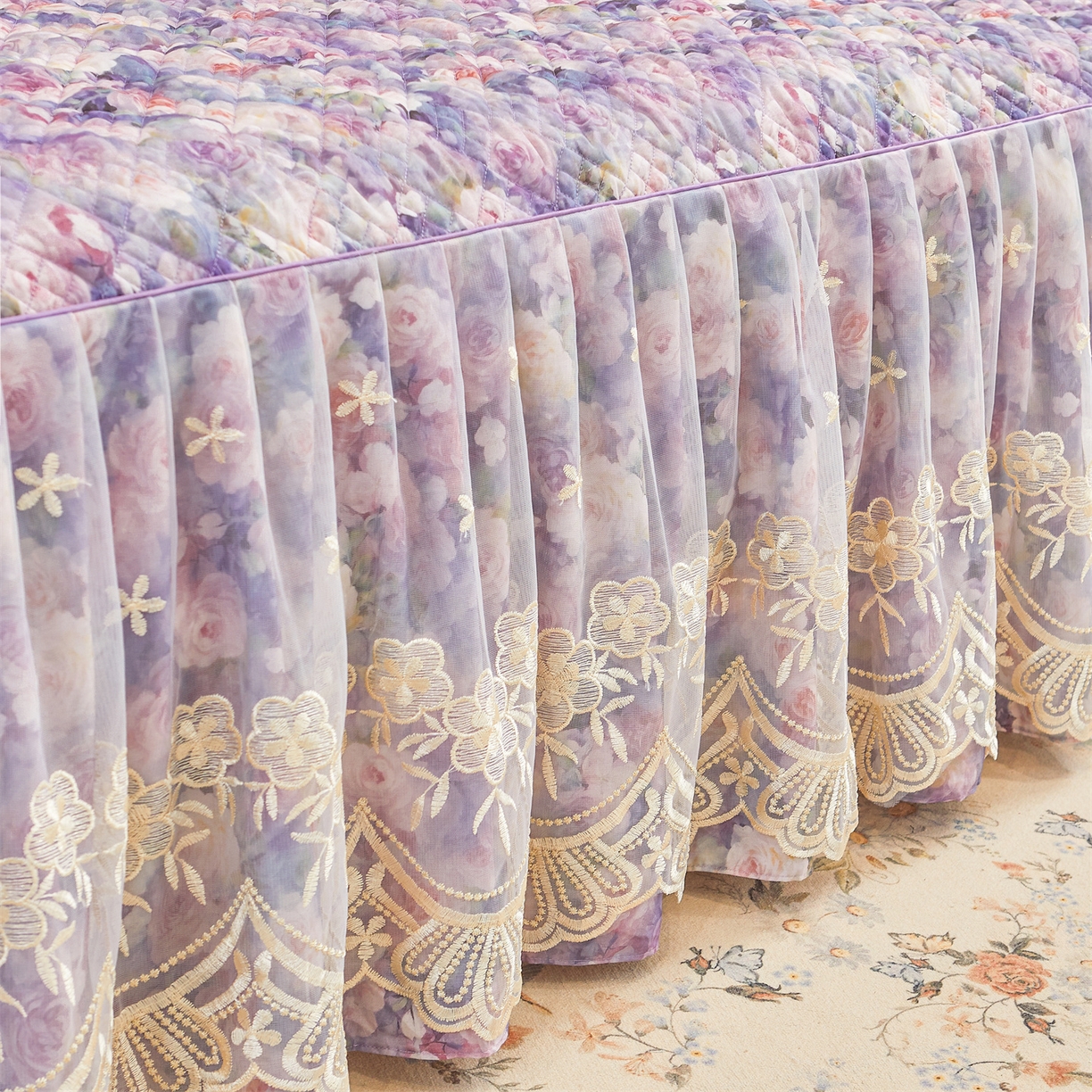 91家纺网 家纺一手货源 找家纺 （总）宜凡家纺 2026新款莱赛尔印花夹棉单床裙床裙三件套