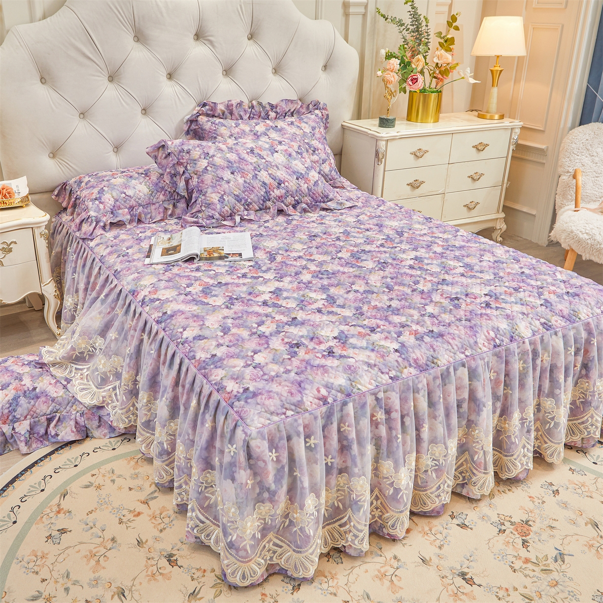 91家纺网 家纺一手货源 找家纺 （总）宜凡家纺 2026新款莱赛尔印花夹棉单床裙床裙三件套