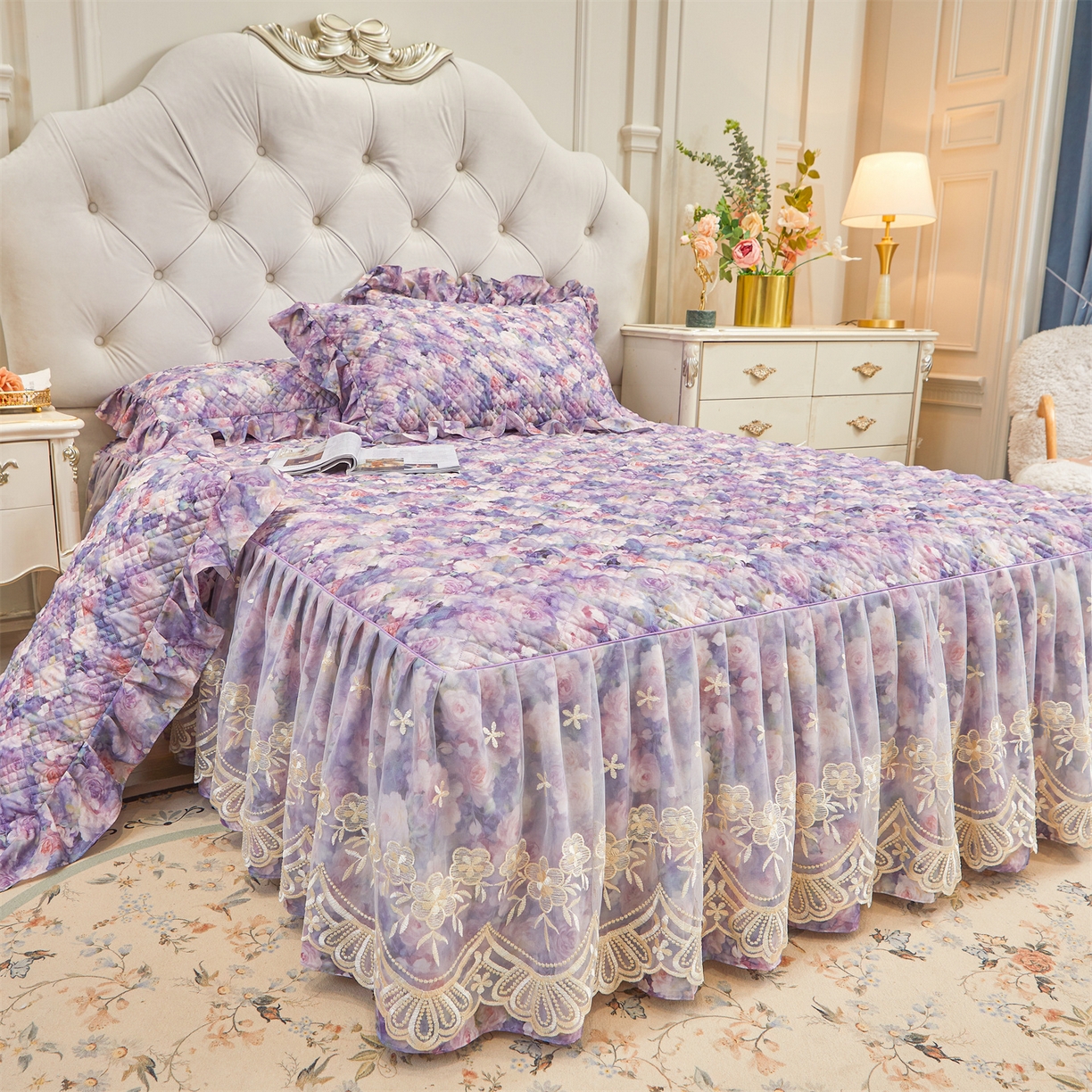 91家纺网 家纺一手货源 找家纺 （总）宜凡家纺 2026新款莱赛尔印花夹棉单床裙床裙三件套