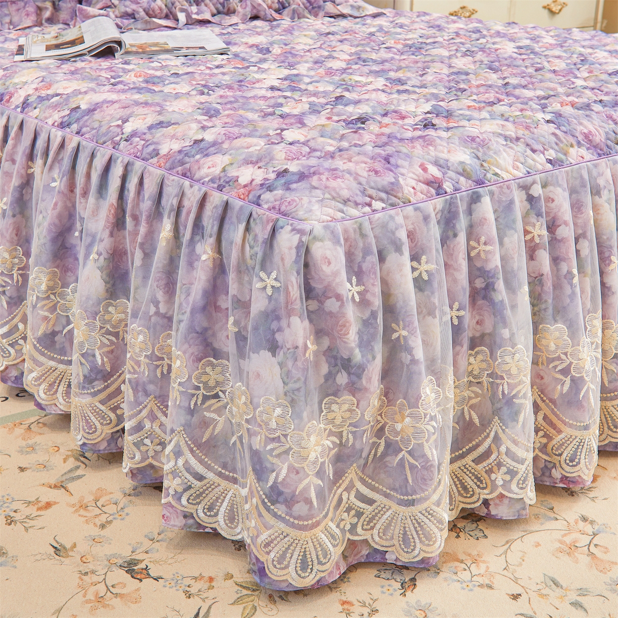 91家纺网 家纺一手货源 找家纺 （总）宜凡家纺 2026新款莱赛尔印花夹棉单床裙床裙三件套