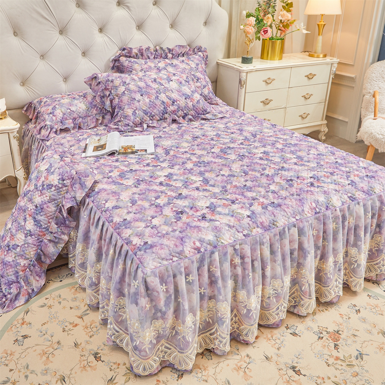 91家纺网 家纺一手货源 找家纺 （总）宜凡家纺 2026新款莱赛尔印花夹棉单床裙床裙三件套