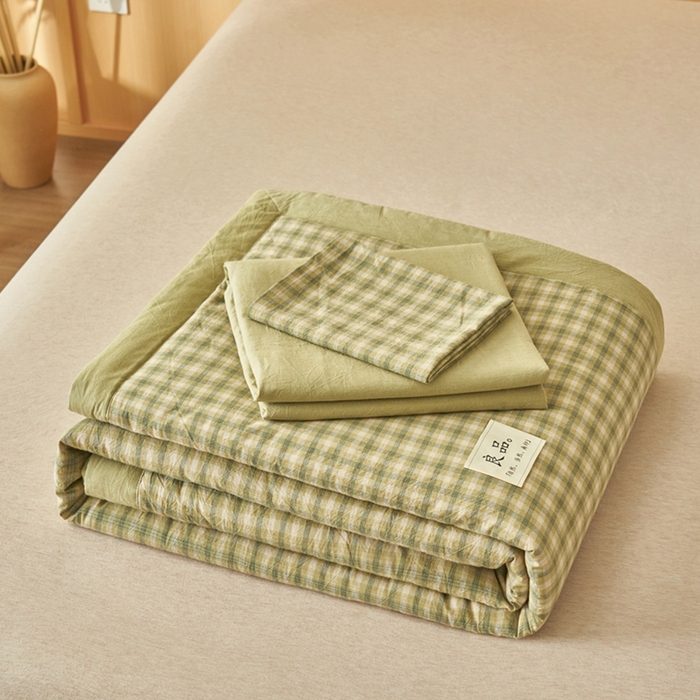 91家纺网 家纺一手货源 找家纺 简如 2026新款全棉纯棉色织水洗棉棉花空调被夏凉被 浣花-绿