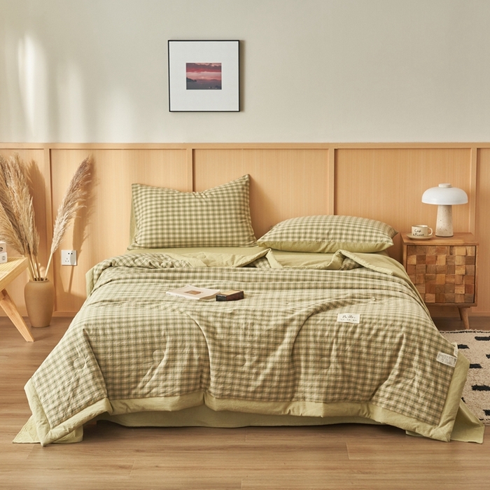 91家纺网 家纺一手货源 找家纺 简如 2026新款全棉纯棉色织水洗棉棉花空调被夏凉被 浣花-绿