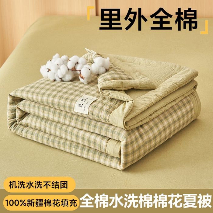 91家纺网 家纺一手货源 找家纺 简如 2026新款全棉纯棉色织水洗棉棉花空调被夏凉被 浣花-绿