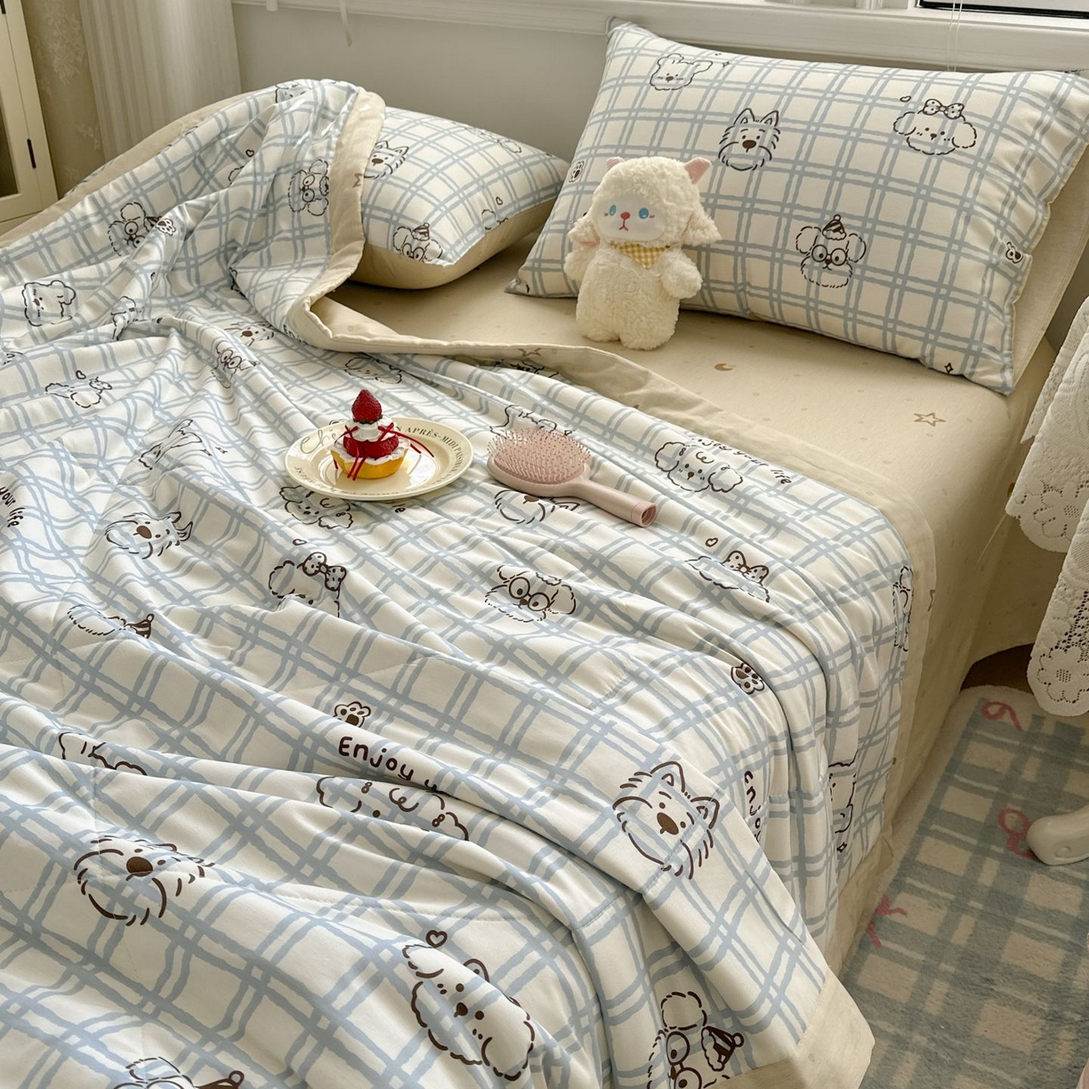 91家纺网 家纺一手货源 找家纺 棉森家纺 2026春夏新款全棉纯棉棉花夏被夏凉被空调被-风格三 眼睛小熊-蓝